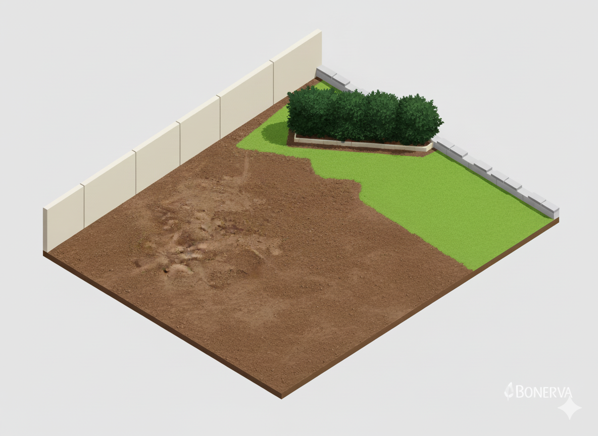 Terreno de jardín con zonas de tierra irregular y un área de césped existente