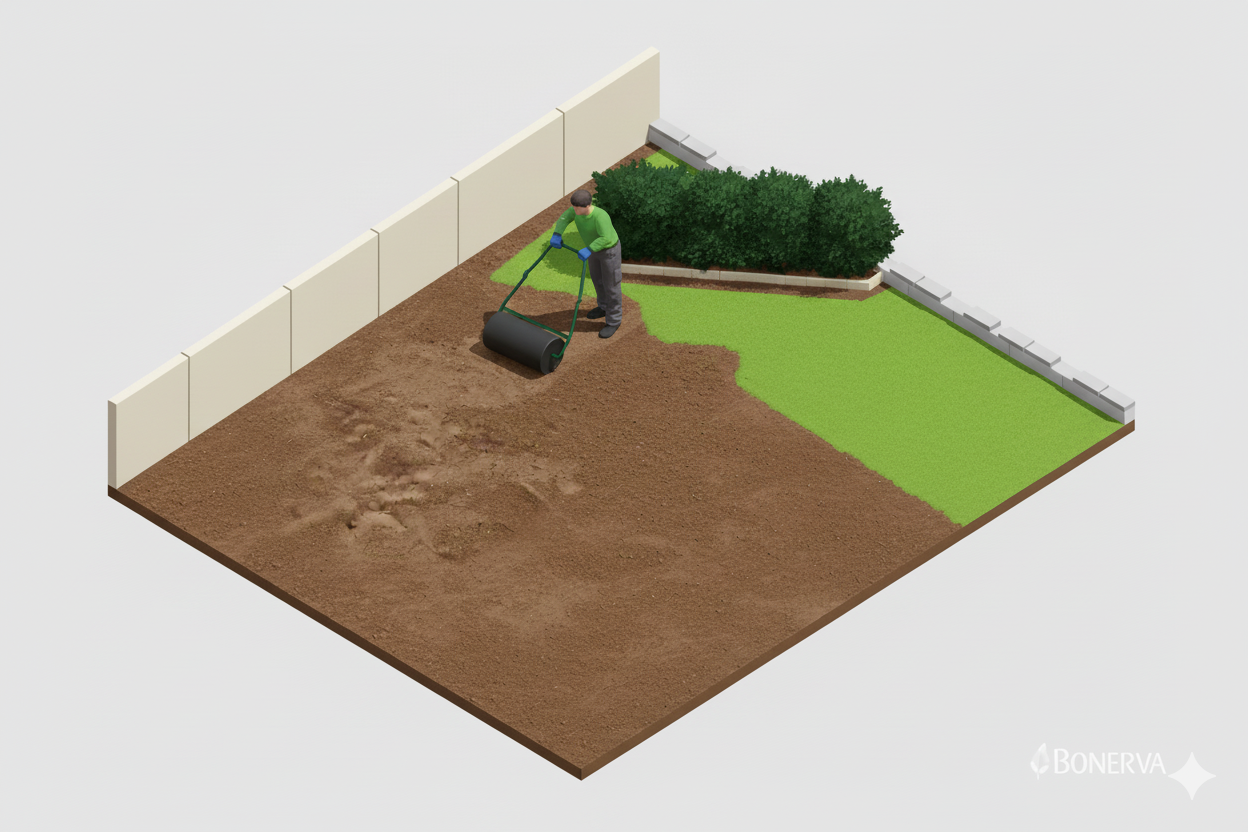 Operario compactando el terreno con un rodillo manual sobre la zona de tierra