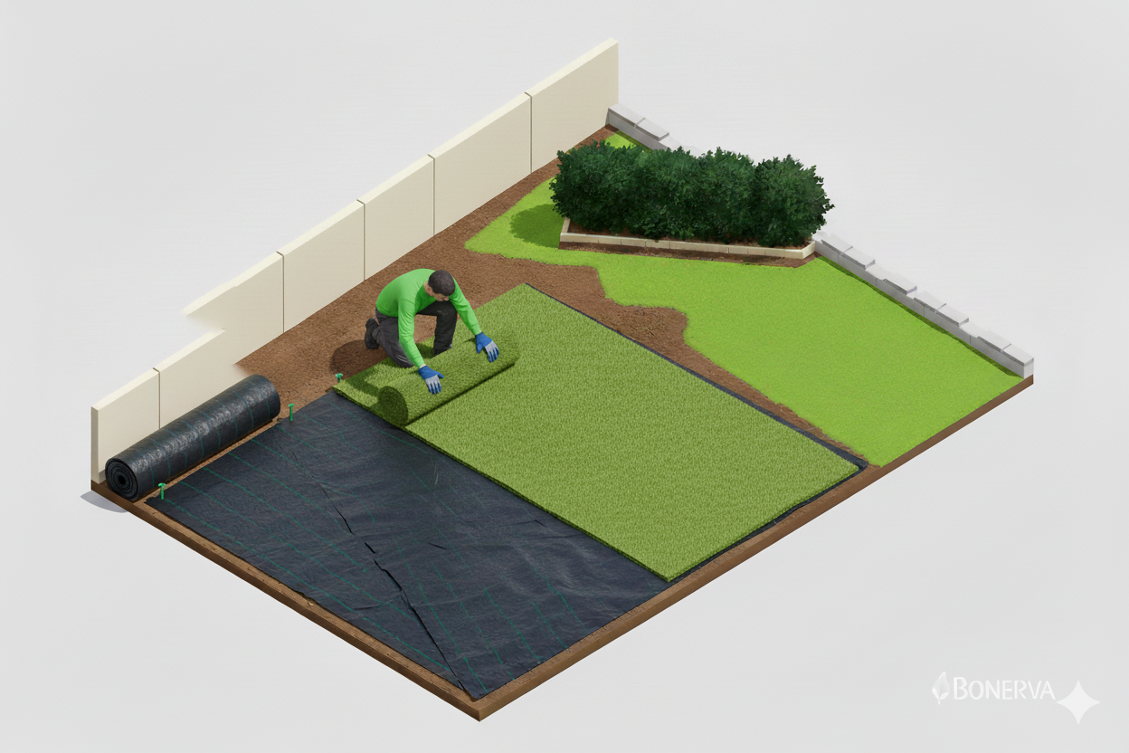 Operario desenrollando un rollo de césped artificial sobre la malla instalada
