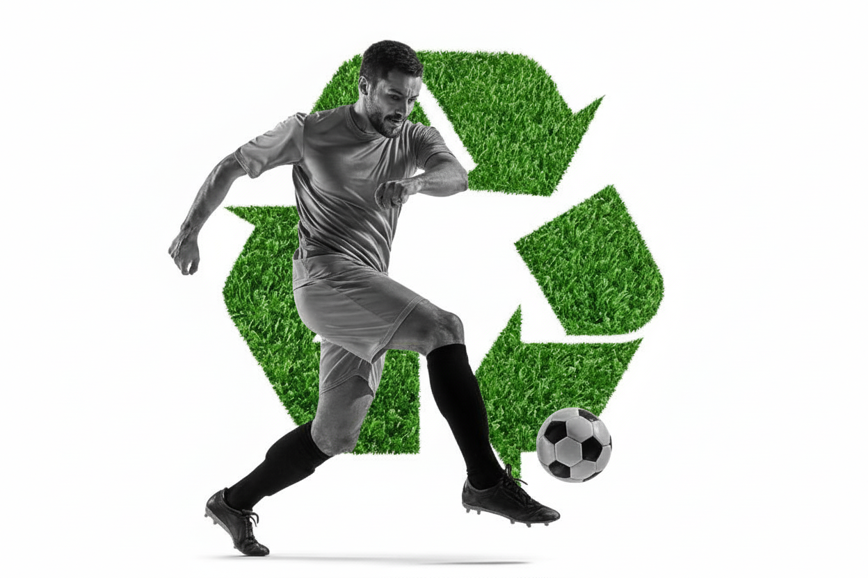 Baseball player swinging bat with artificial grass background and recycling symbol