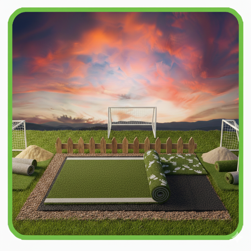 Esquema de capas mostrando la base de grava, la malla antihierbas y el césped artificial